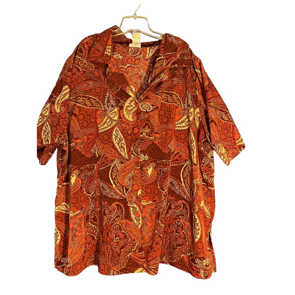 Plus Women Blouse Size 20 Button Up No Iron Short Sleeve Orange Paisley Studio C